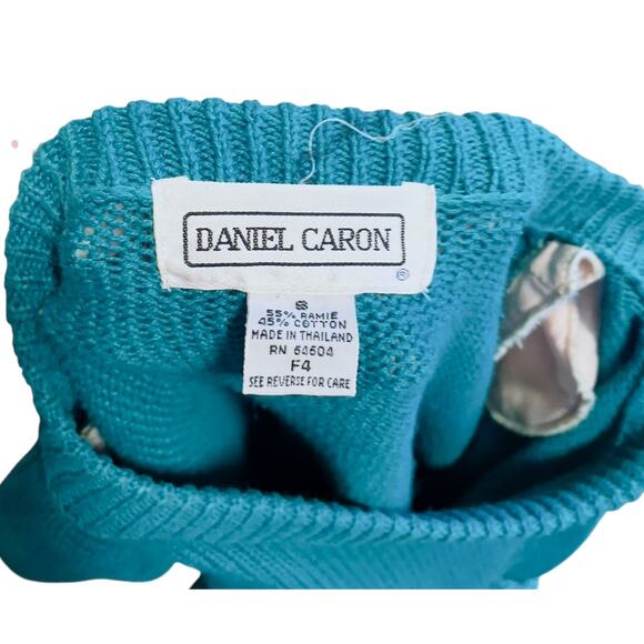 VTG 80s Small Daniel Caron Ramie Cotton Teal Green Crewneck Knit Sweater Pocket - Picture 13 of 14